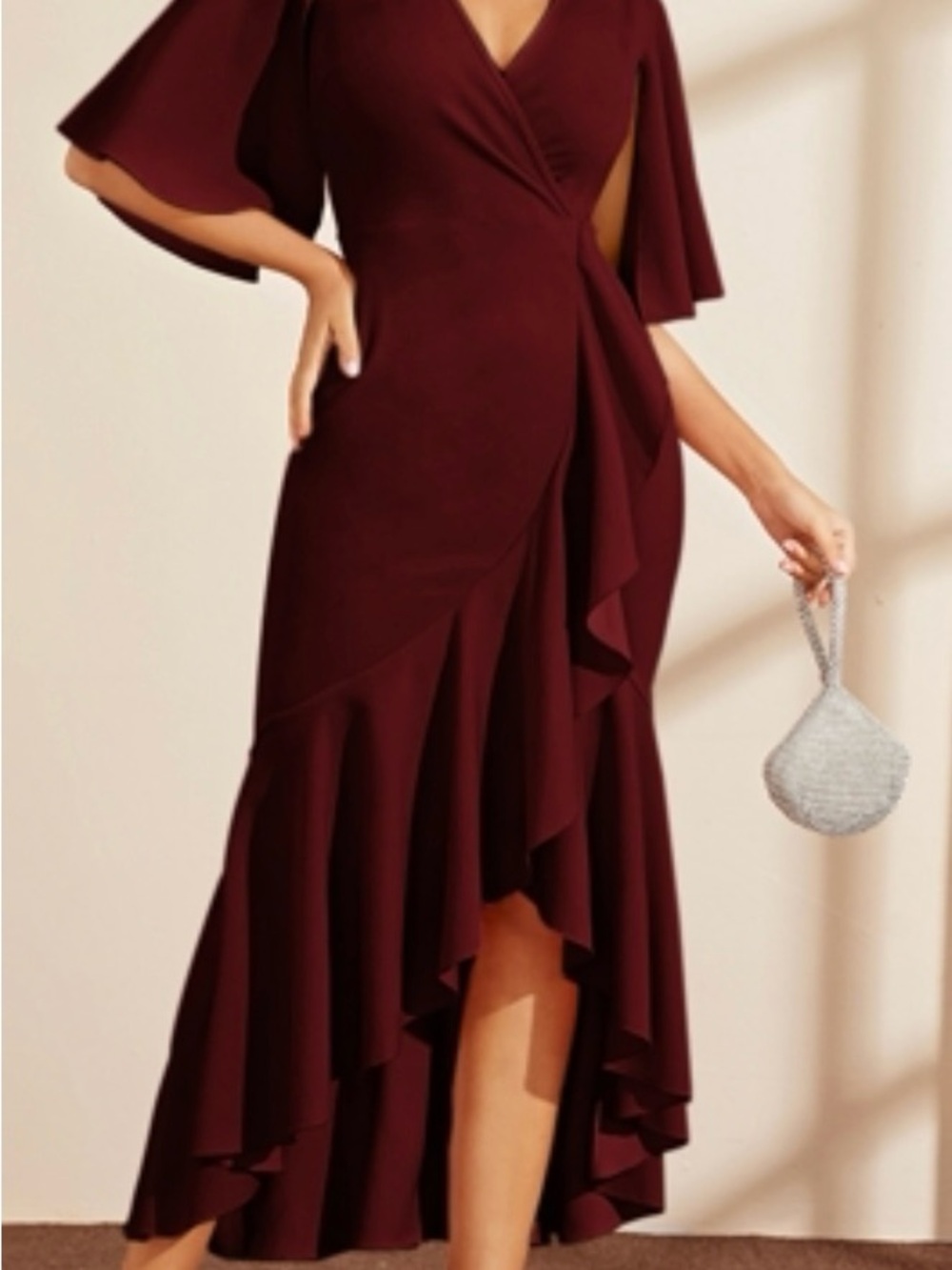 Burgundy Ruffle Wrap Midi Dress SHEIN